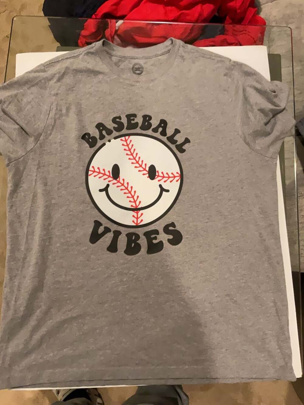 Youth XL  Baseball Vibes Smiley Face Heather Gray Graphic T-Shirt